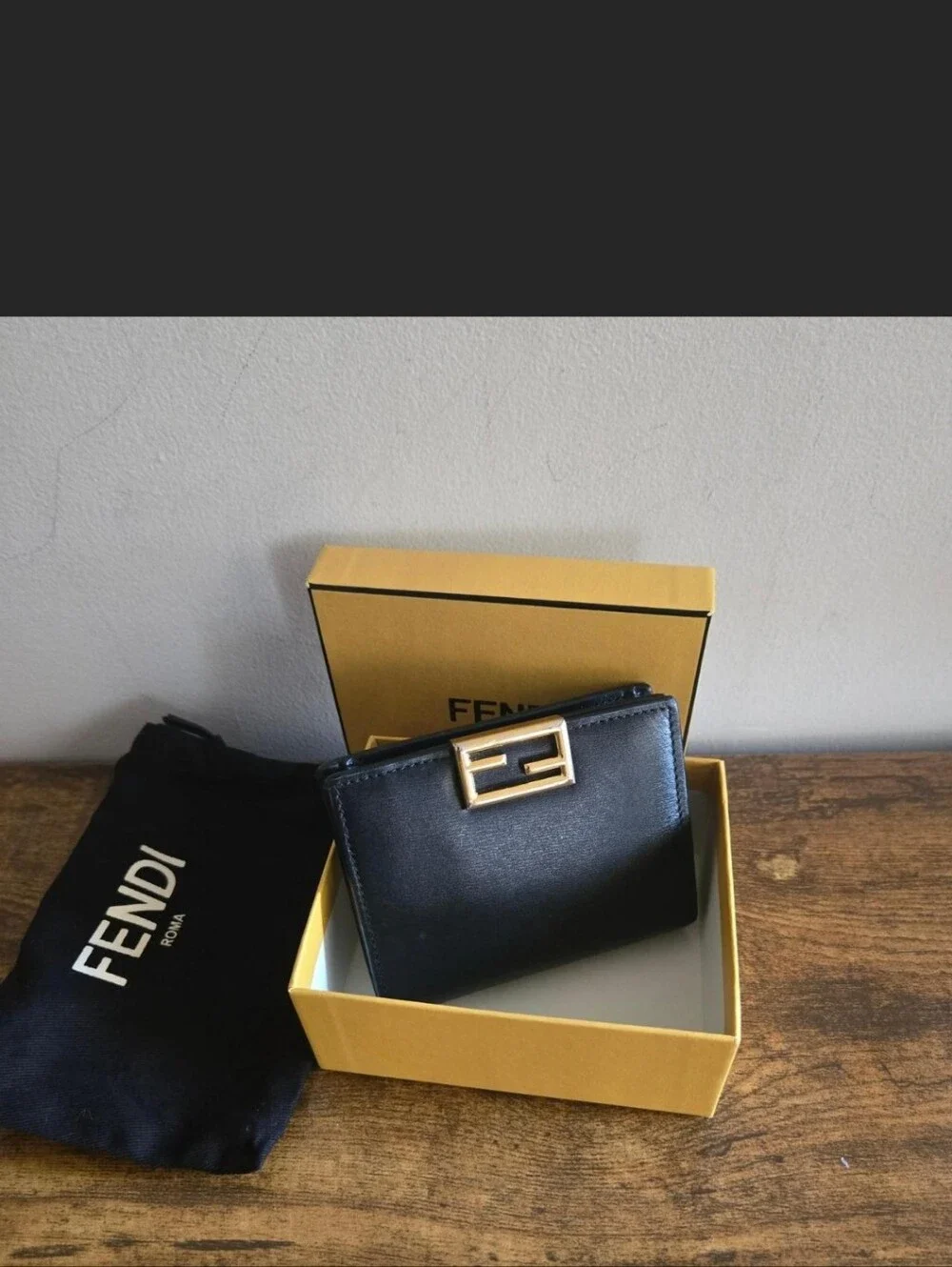 Fendi Black Leather Compact Wallet with Gold FF Buckle